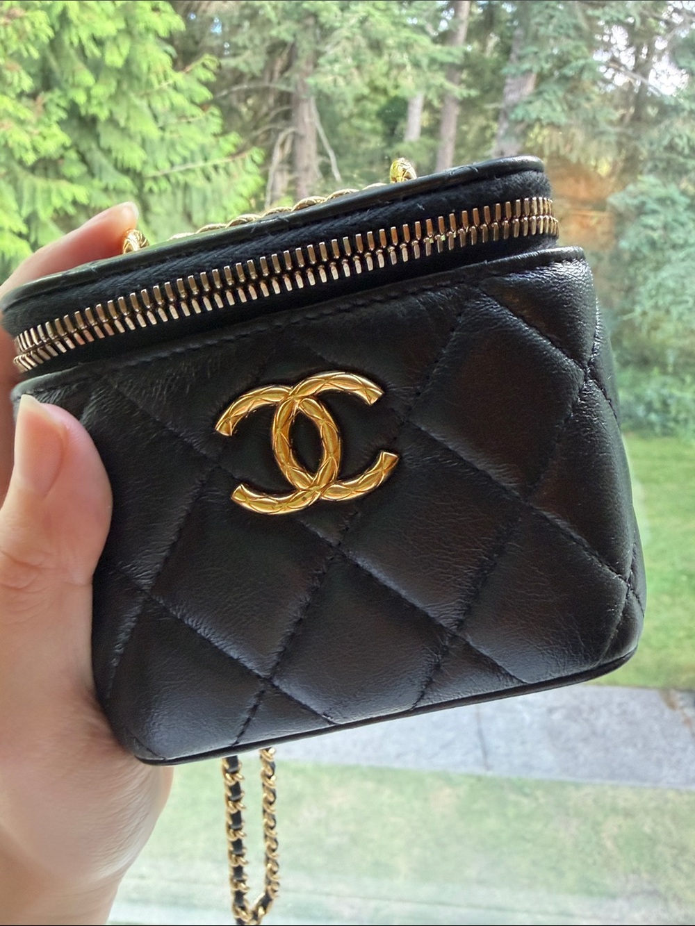 CHANEL Black Quilted Lambskin Mini Vanity Case with Gold Carving CC